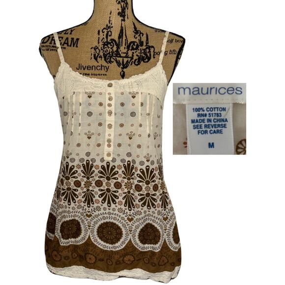 Maurices Boho Knit Tank Top Brown Tan Floral Size Medium Trendy Groovy Retro - Picture 1 of 3
